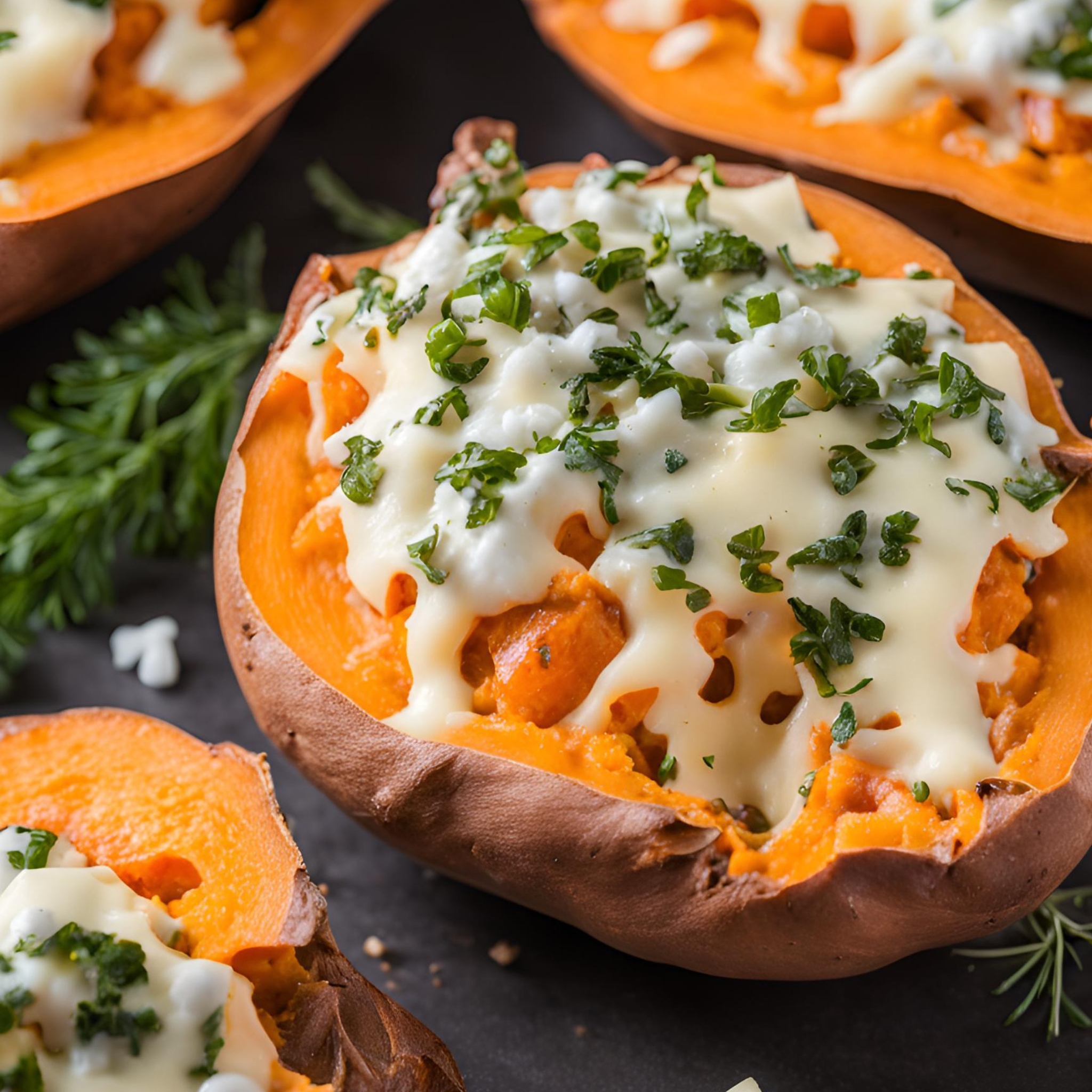 Kräutergefüllte Süßkartoffel mit Ziegenkäse-Genuss