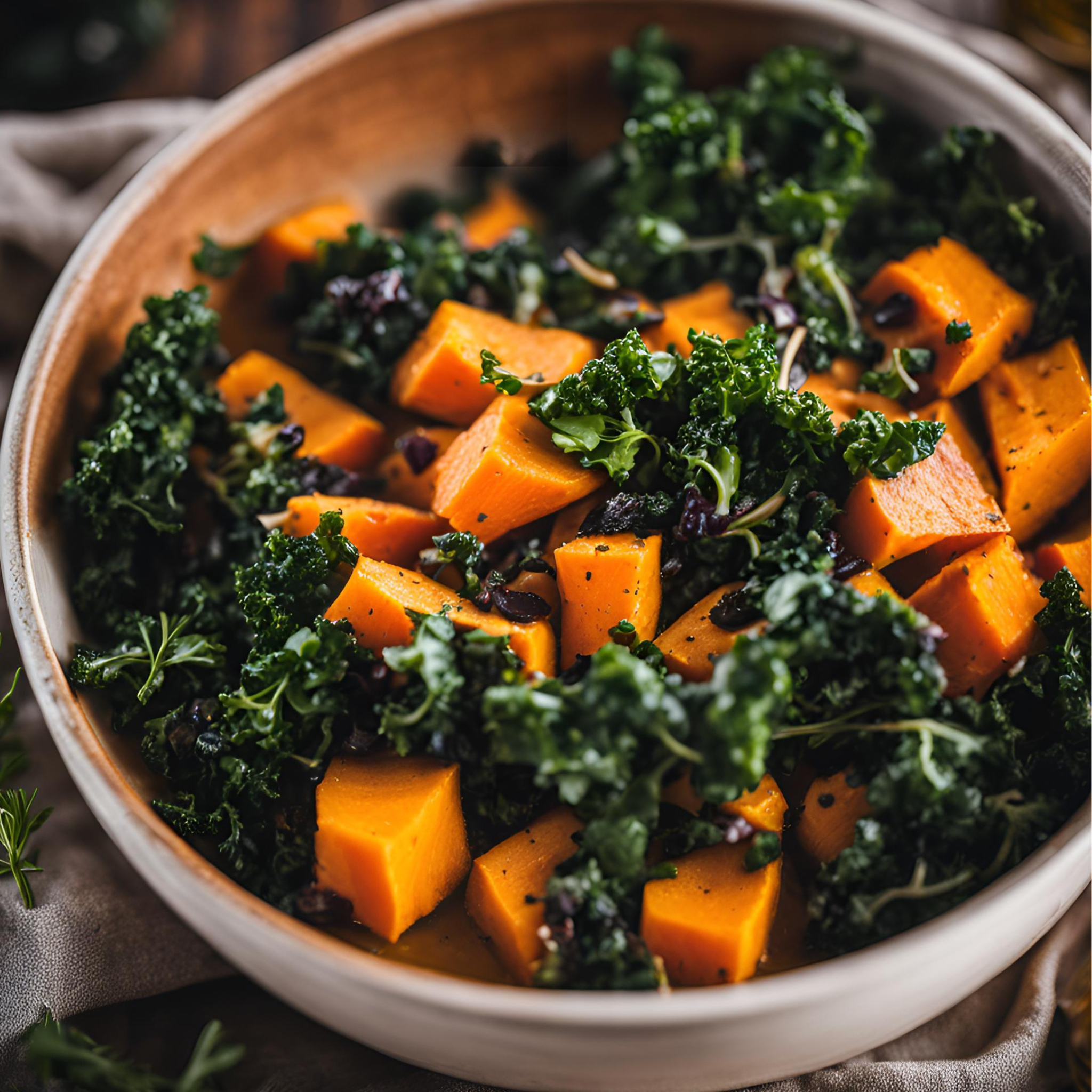 Thymian-gewürzte Süßkartoffel & Grünkohl-Mischung