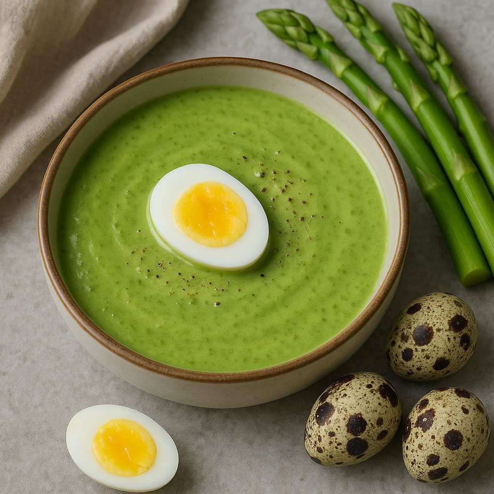 Spargel-Creme-Suppe mit Wachtelei