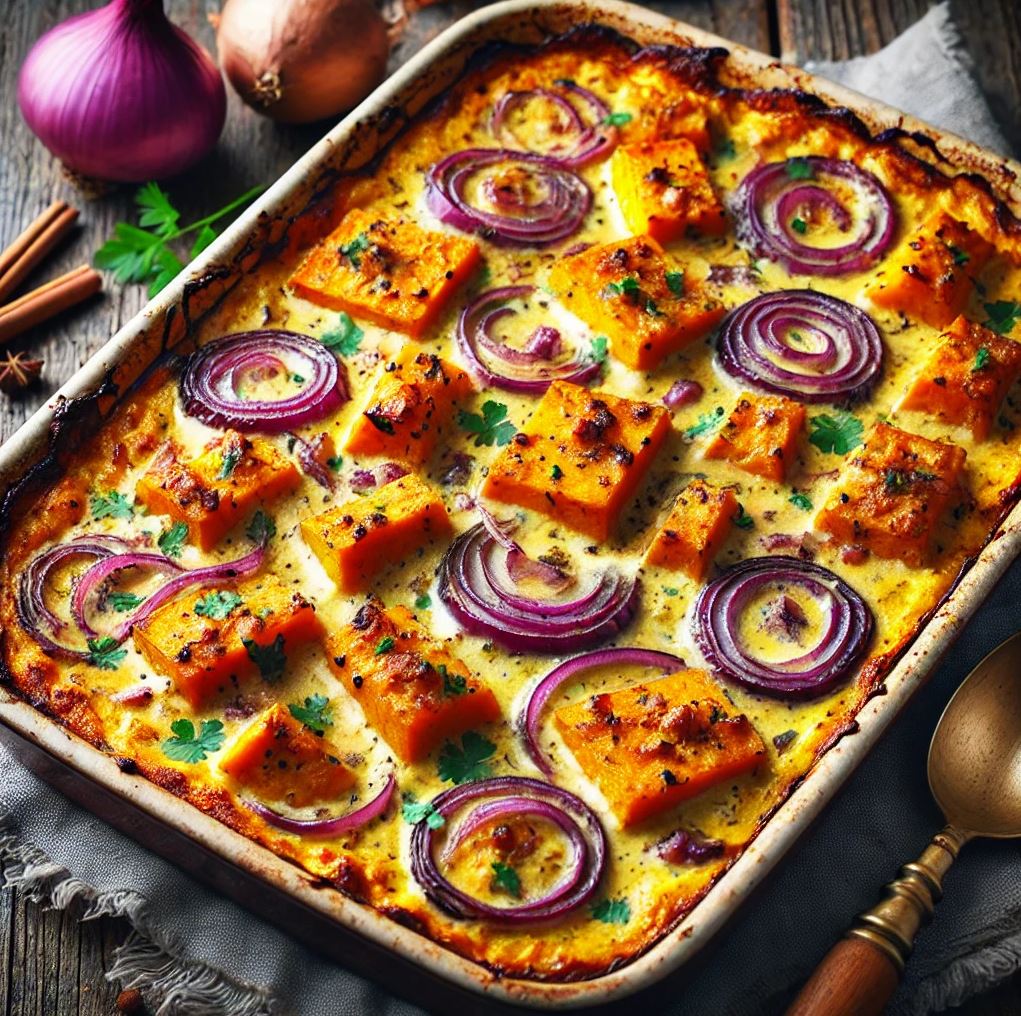 Süßkartoffelgratin mit Kokosmilch und Curry